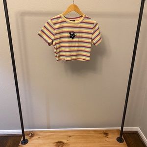 Pastel Stripe Top with Cat- Cropped, Embroidery, Stretchy